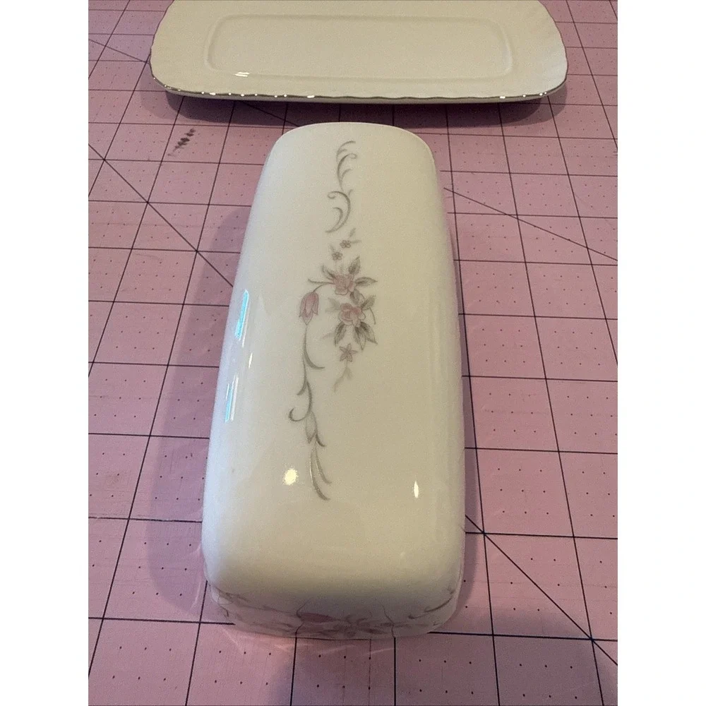 Gold Standard GST1 Covered Butter Dish with Pink Flower Gray Scroll Pattern